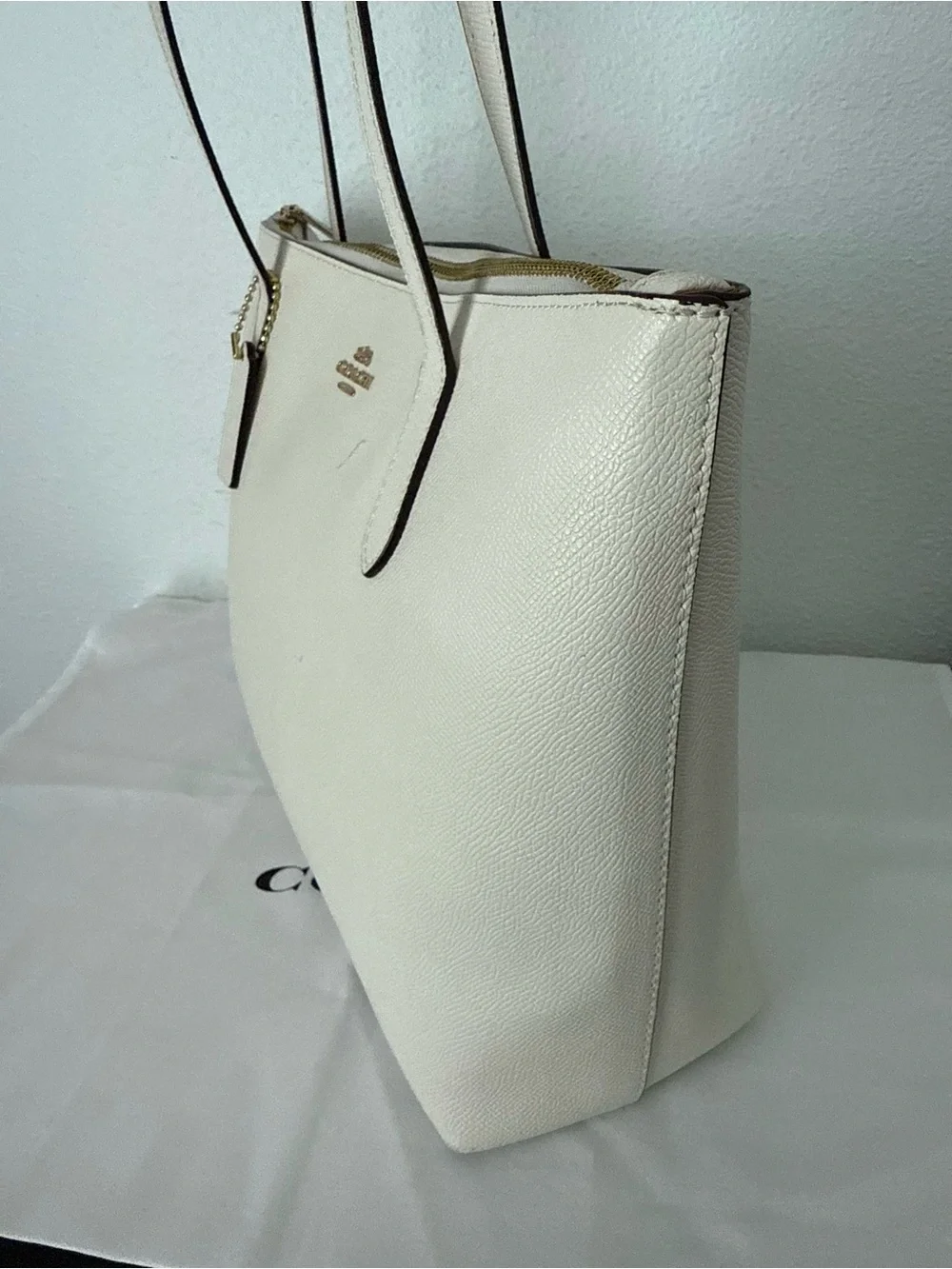 Coach Cream Leather Tote with Gold Hardware and Top Zip